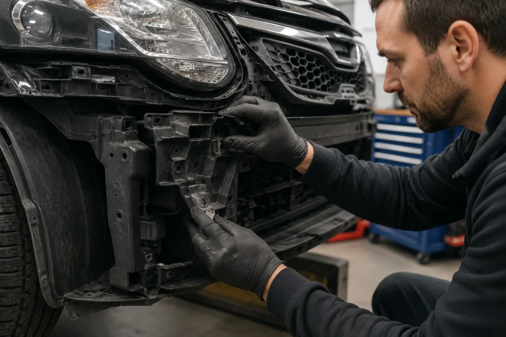 Mechanic working on car front bumper indianapolis